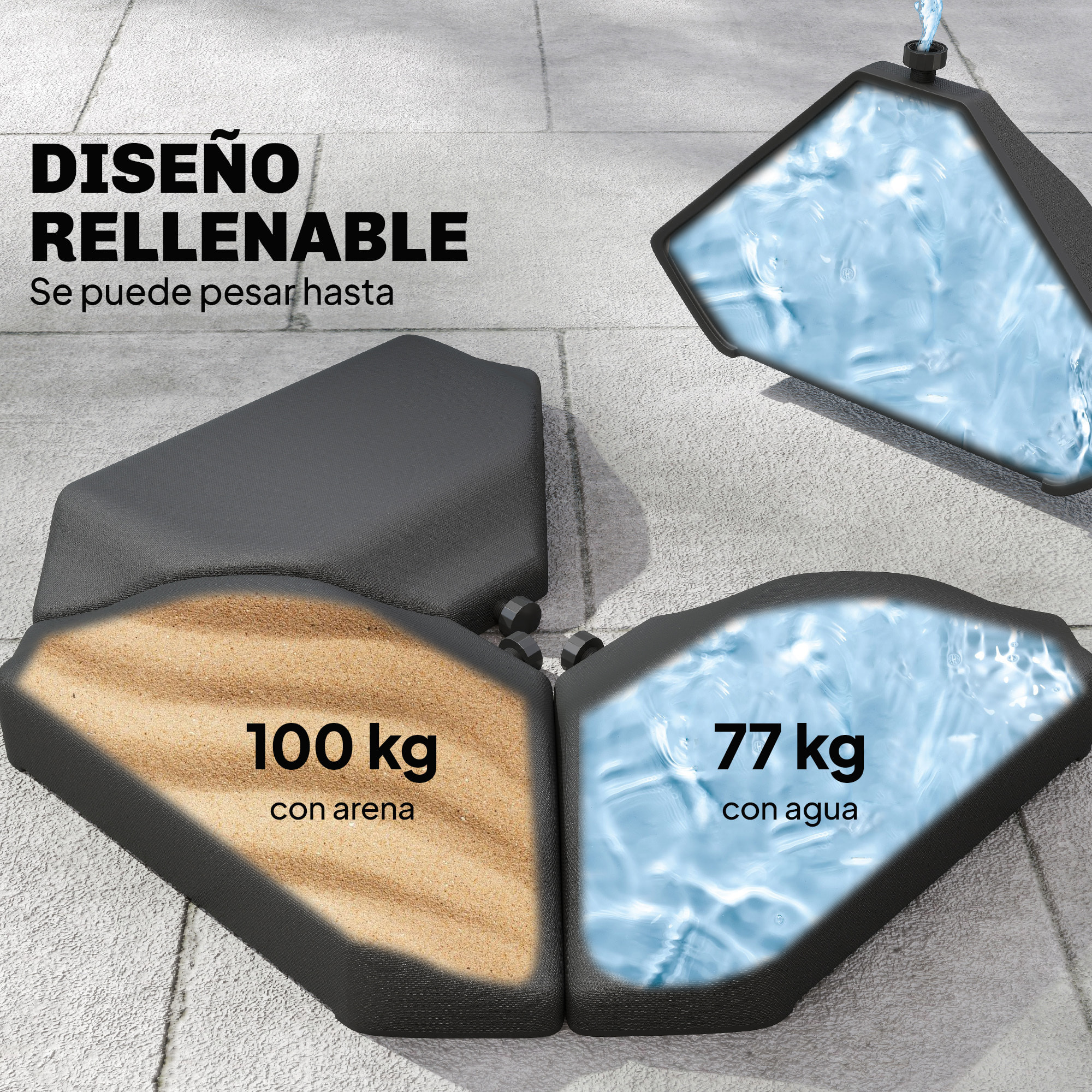 Base para Sombrilla de 4 Piezas, para Cantilever y de Doble Cara, Soporte para Parasol de HDPE Rellenable con Agua 77 kg o Arena 100 kg, para Jardín, Patio, Terraza, Negro
