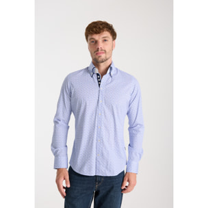 Camicia Uomo 2 Bottoni Button Down 7bottoni Doppio Coll Popeline Stretch Stampato Bianco/Celeste