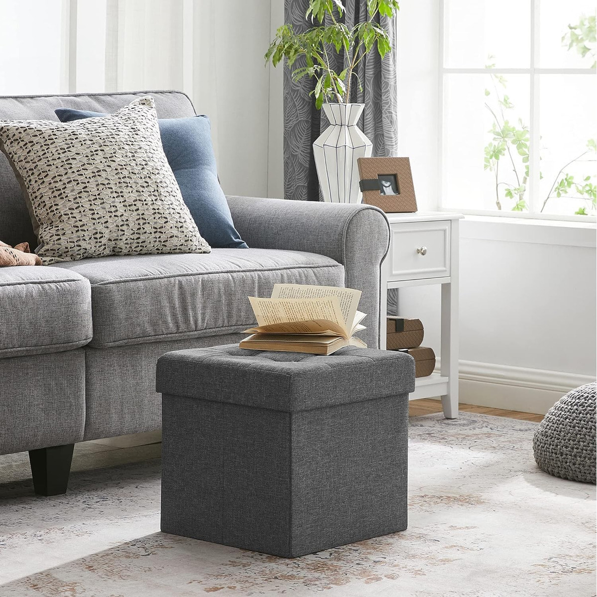 Pouf contenitore pieghevole grigio scuro in simil lino