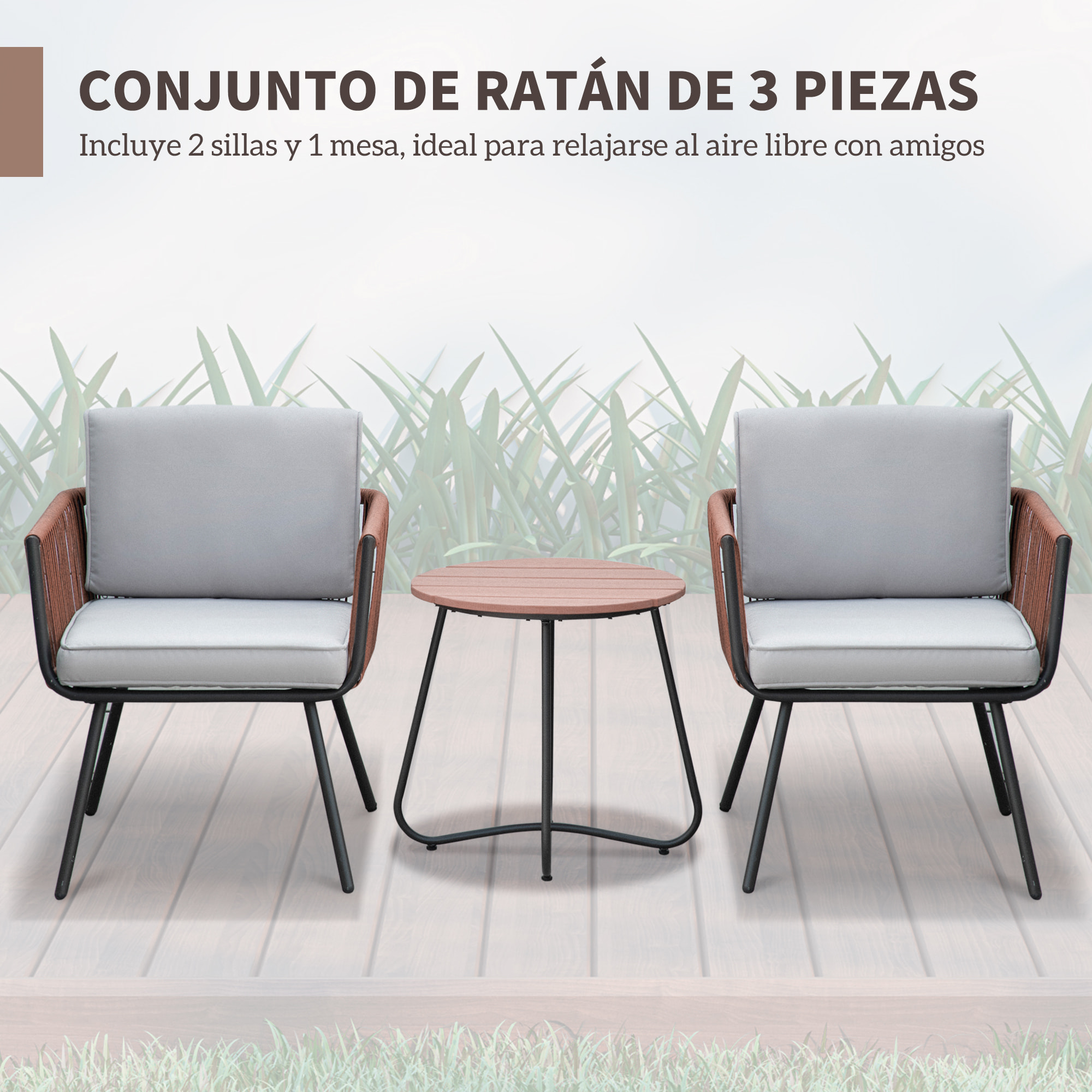 Conjunto de Muebles de Jardín de Ratán 3 Piezas Juego de Muebles de Terraza Incluye 1 Mesa de Centro y 2 Sillones con Cojines Acolchados Naranja y Gris