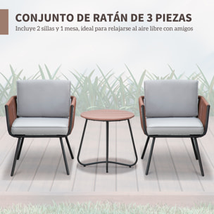 Conjunto de Muebles de Jardín de Ratán 3 Piezas Juego de Muebles de Terraza Incluye 1 Mesa de Centro y 2 Sillones con Cojines Acolchados Naranja y Gris