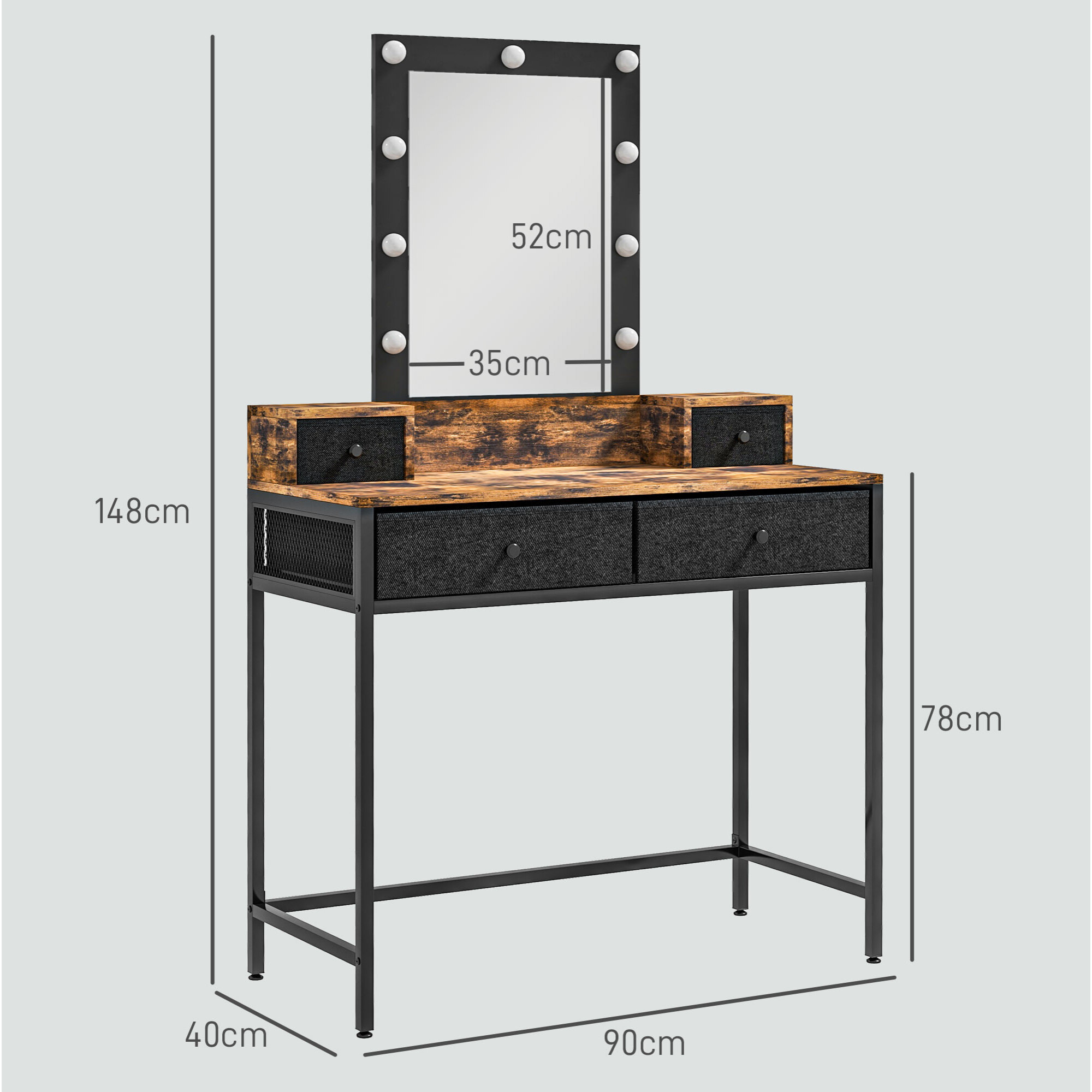 Coiffeuse style industriel - miroir LED réglable - 4 tiroirs tissu - acier noir aspect bois vieilli