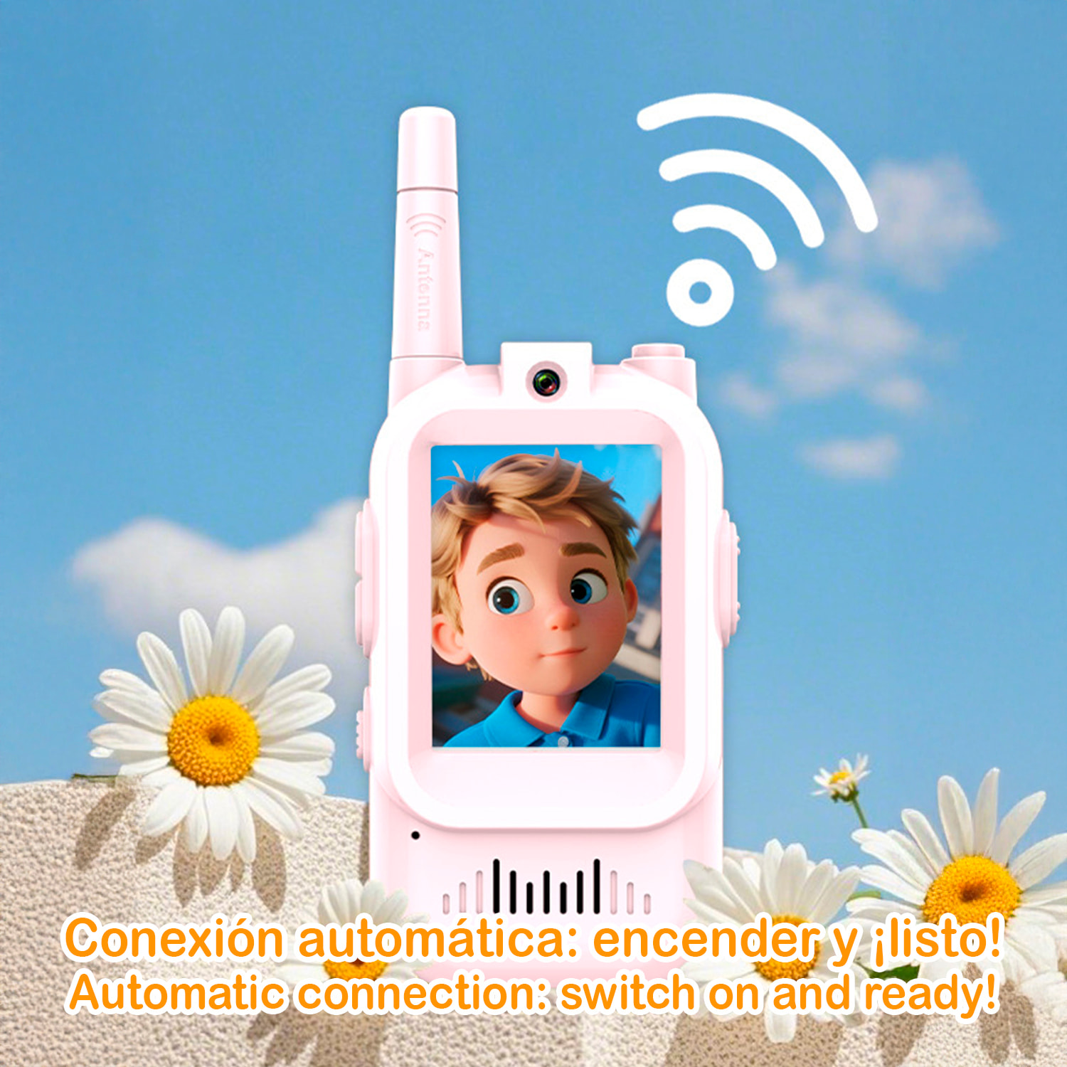 Walkie-Talkie infantil con intercomunicador con video y 4 modos de visualización. 150-500 metros de conexión clara, pantalla de 2" y 4 modos de voz.