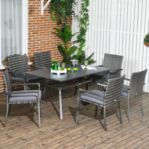 Outsunny Conjunto de Jardín de Ratán Sintético Juego de Muebles de Jardín para Exterior de Ratán de 7 Piezas Incluye 6 Sillas con Cojines y Mesa de Metal Gris