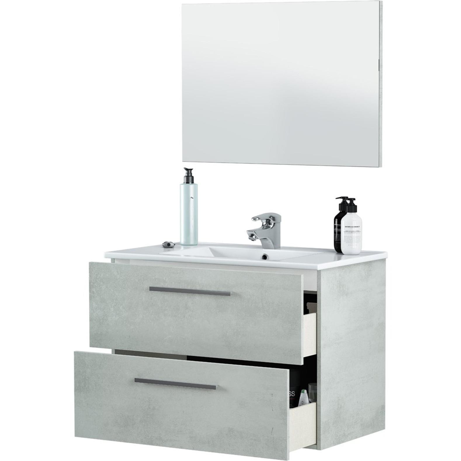 Mobile sottolavabo Inglewood, Mobiletto per bagno sospeso, Armadio a 2 cassetti e specchio, cm 80x45h57, Cemento