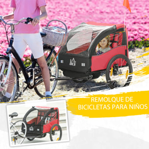 Remolque de Bicicleta para Niños +18 Meses Cochecito para Transporte de 2 Plazas con Cinturón de Seguridad Espacio de Almacenamiento y Sistema de Amortiguador 140x88x90 cm Rojo