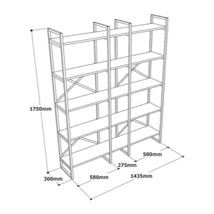 Libreria Dain, Scaffale da ufficio, Mobile portalibri, Biblioteca, 144x30h175 cm, Quercia e Nero