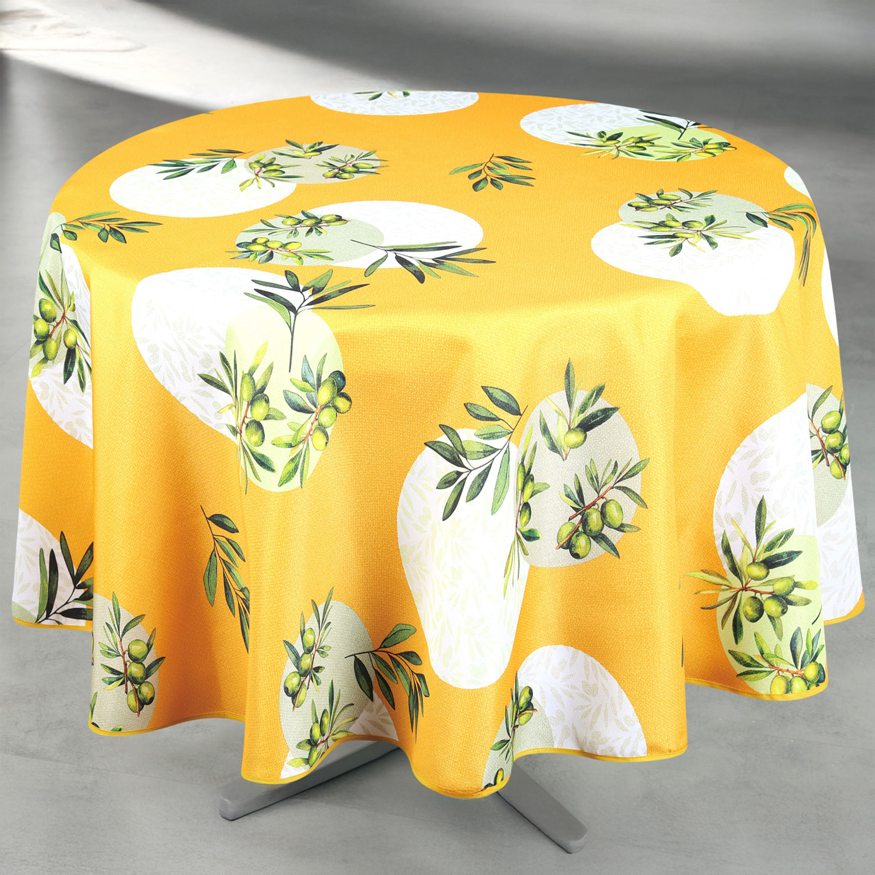 Nappe anti-tâche ronde motif olive - Jaune