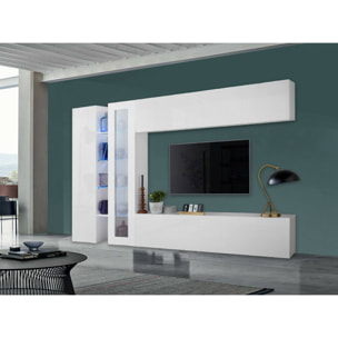 Parete attrezzata Costante, Set salotto porta TV a 4 ante, Mobile soggiorno multiuso, 100% Made in Italy, cm 280x30x180, Bianco lucido