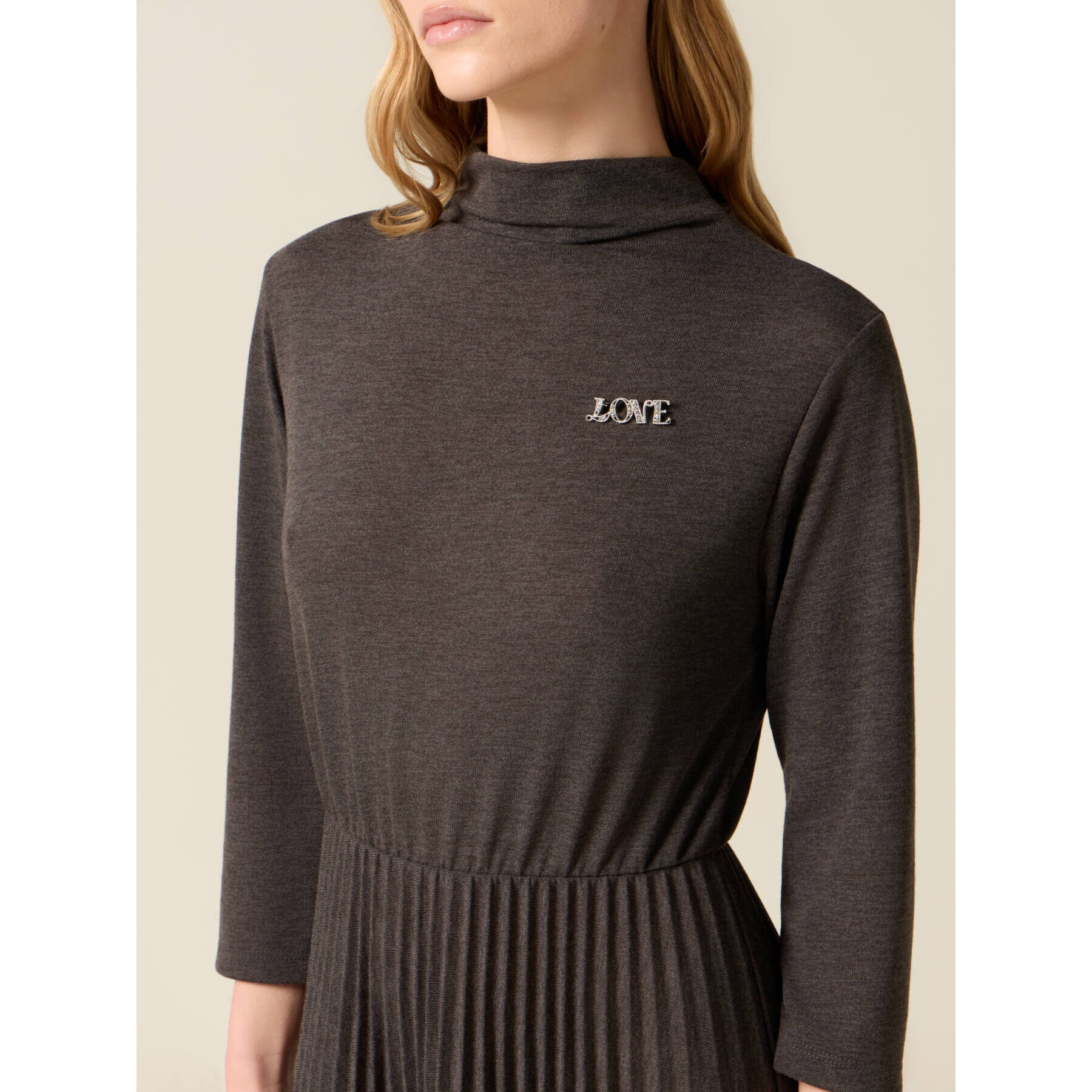 Oltre - Vestido flare mezcla viscosa con broche - Gris