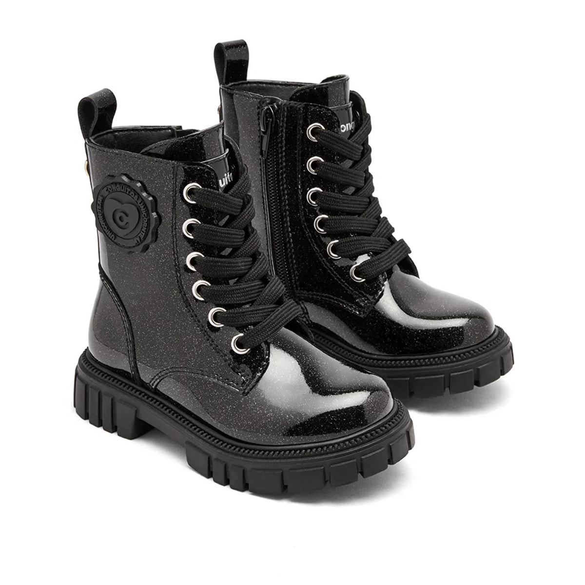 Stivali militari in pelle verniciata da bambina con cerniera interna