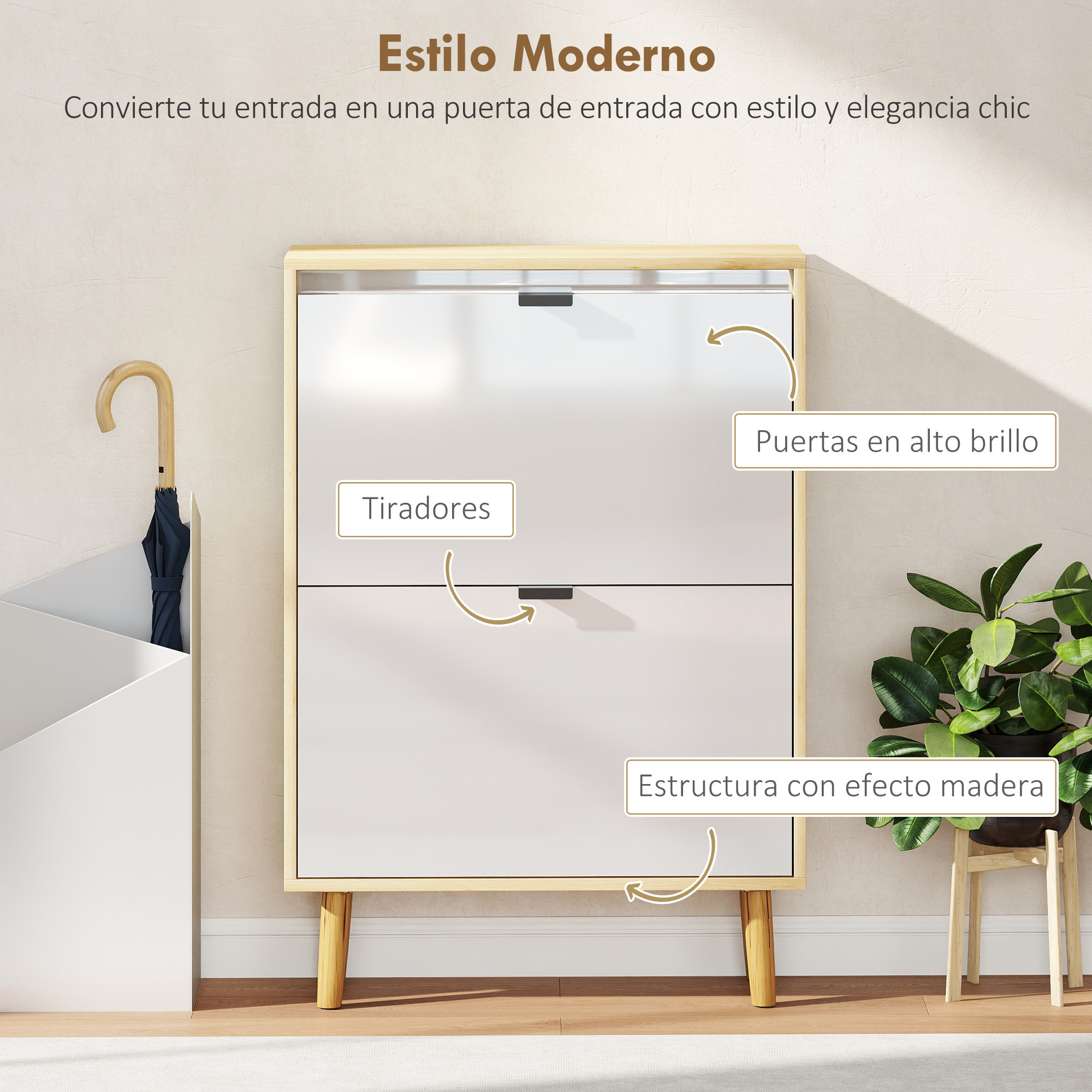 Zapatero Estrecho con 2 Puertas en Blanco Brillo, Zapatero Entrada Recibidor con Estantes Ajustables Patas de Madera, para 12 Pares de Zapatos, 60x24x91 cm Blanco