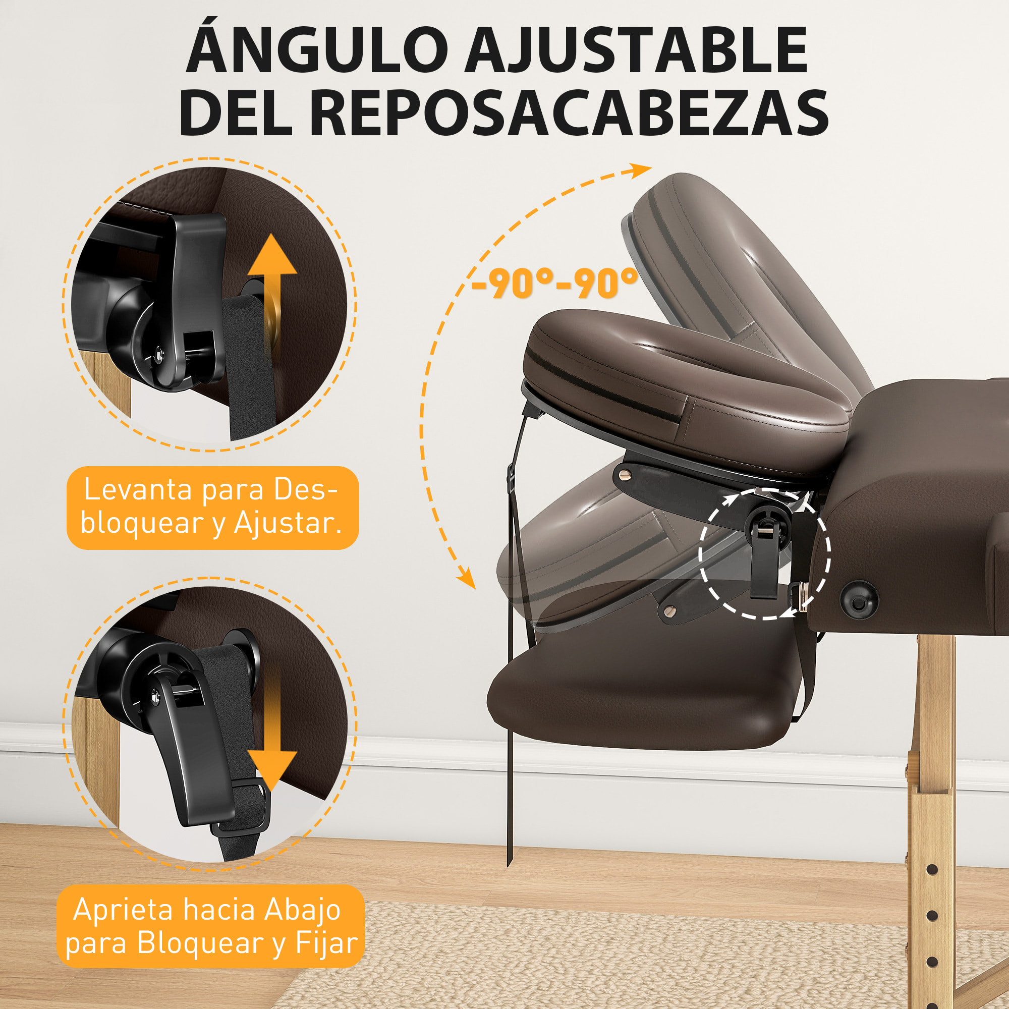 Camilla Masaje Plegable Portátil Camilla Estética Profesional de Madera de 3 Zonas con Altura, Respaldo, Soporte para Piernas, Reposacabezas Ajustables Brazos Acolchados 215x60x64-89 cm Marrón