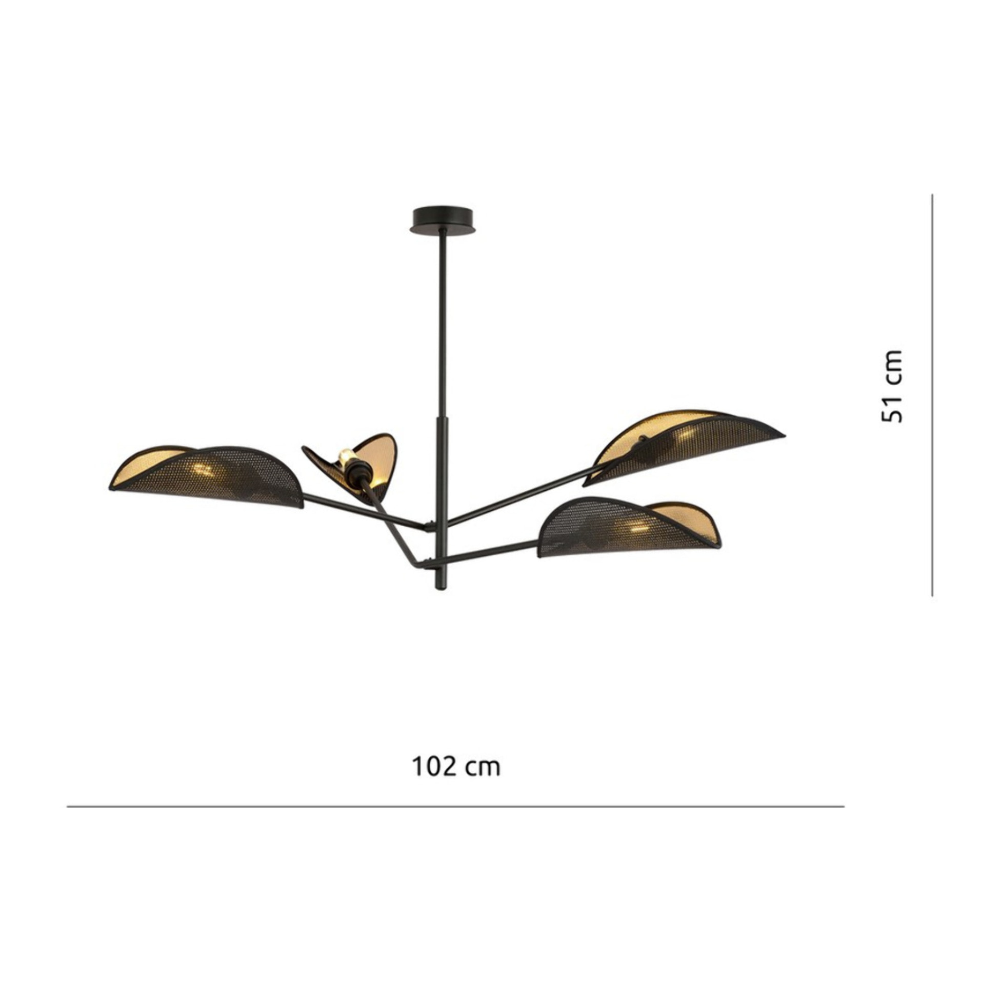 Lampada a sospensione Vene a 4 luci con paralumi a foglia nero e oro