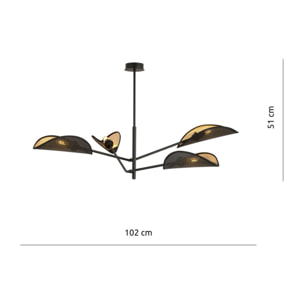 Lampada a sospensione Vene a 4 luci con paralumi a foglia nero e oro