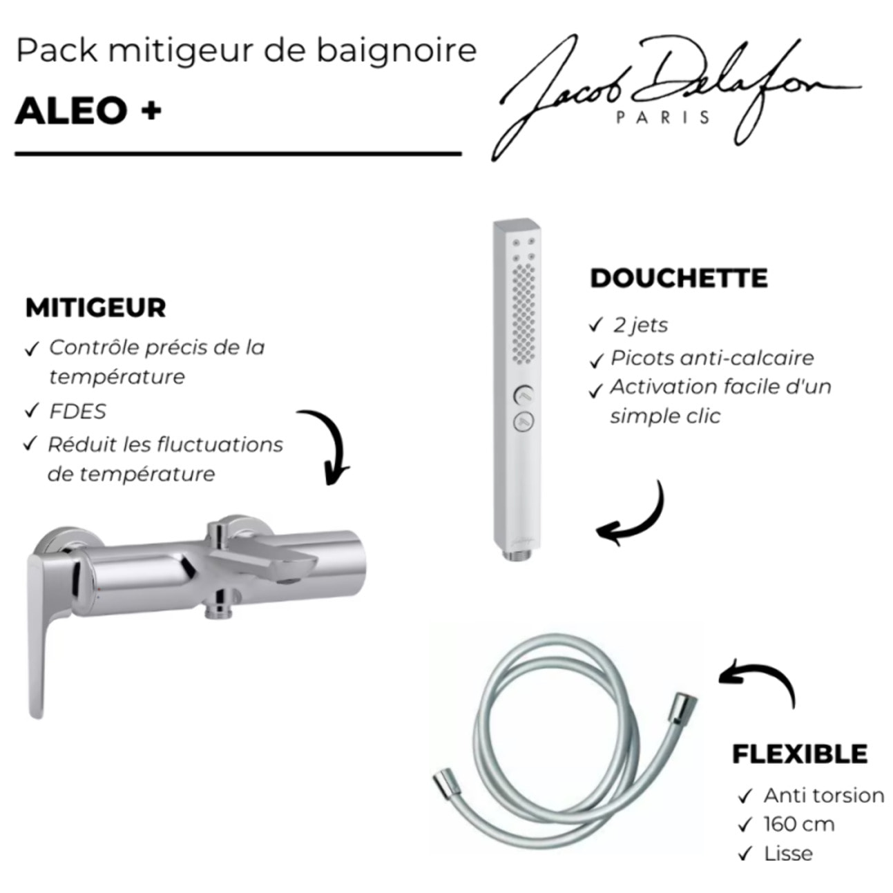 Pack mitigeur bain douche Aléo+ + douchette Shift+ carée + flexible lisse 160 cm