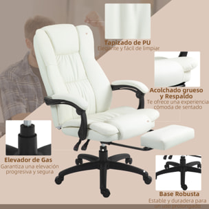 Silla de Masaje con 6 Puntos de Masaje Silla de Oficina Giratoria Silla de Despacho Reclinable con Altura Ajustable Reposapiés Retráctil y Control Remoto 68,5x68,5x113-121 cm Crema