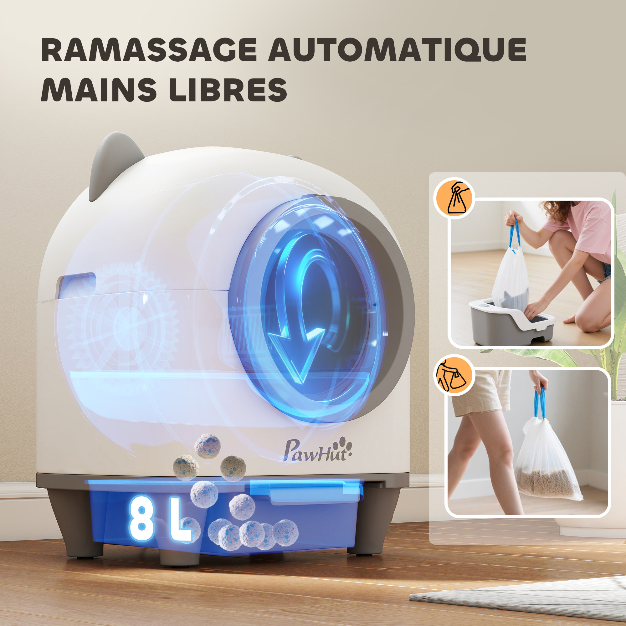 Bac à litière autonettoyante pour chat - maison de toilette autonettoyante - 80L - blanc gris
