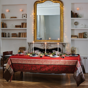Nappe anti tache pur coton motif jacquard Couronne de noel rouge