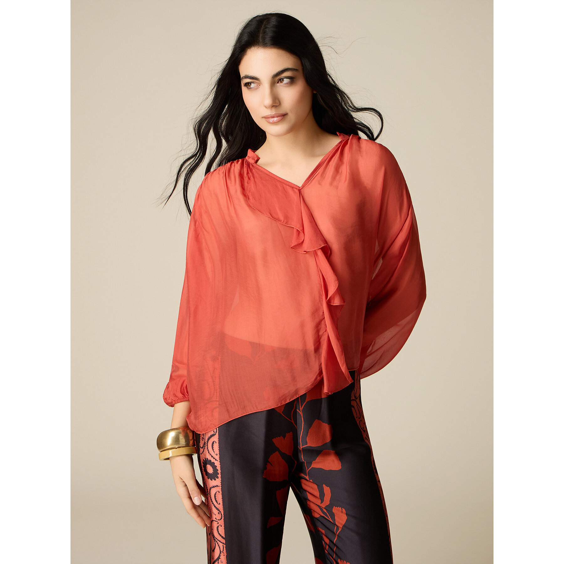 Oltre - Blusa in voile di seta e viscosa - Arancione