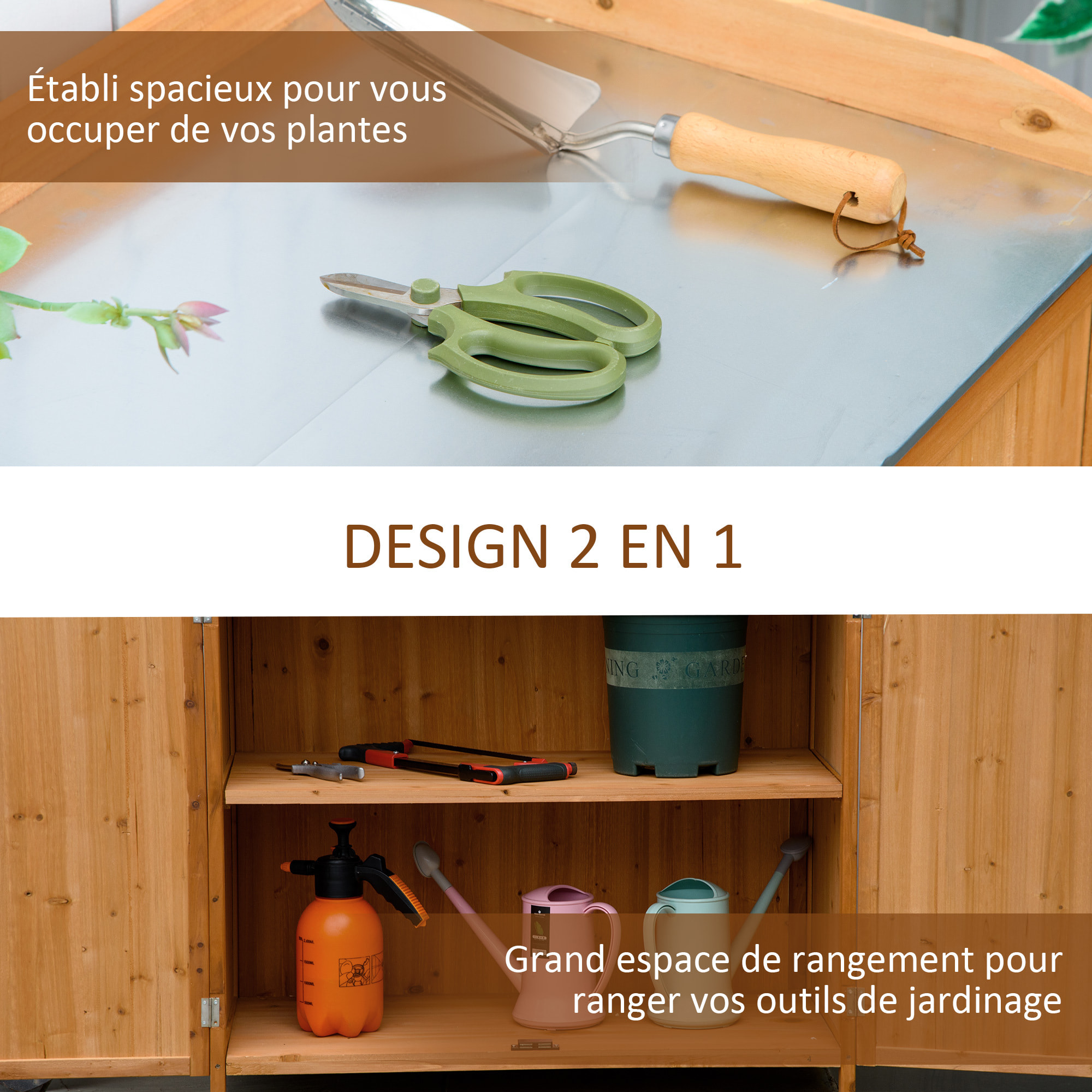 Armoire de jardin sur pied table de rempotage 2 en 1 - double porte, étagère, plateau tôle acier galvanisé - bois de cèdre pré-huilé