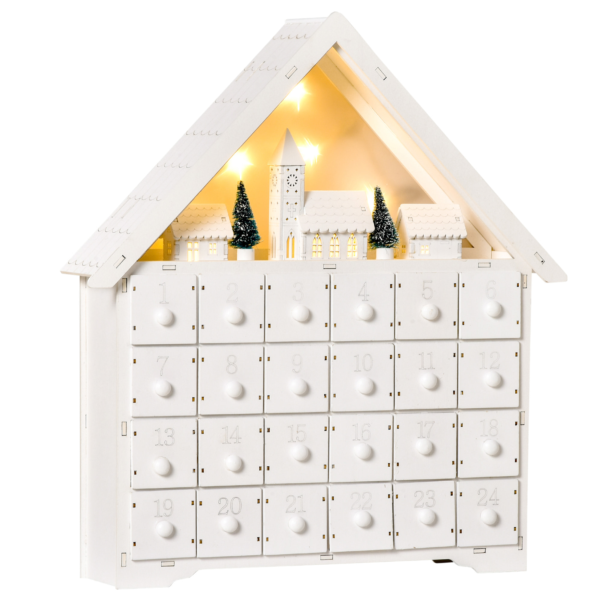 Calendario de Adviento de Navidad Madera con 24 Cajones y Luces LED Decoración Navideña Modelo Casita 39x9x42 cm Blanco