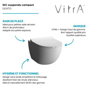 WC suspendu compact sans bride VITRA Sento blanc brillant + abattant