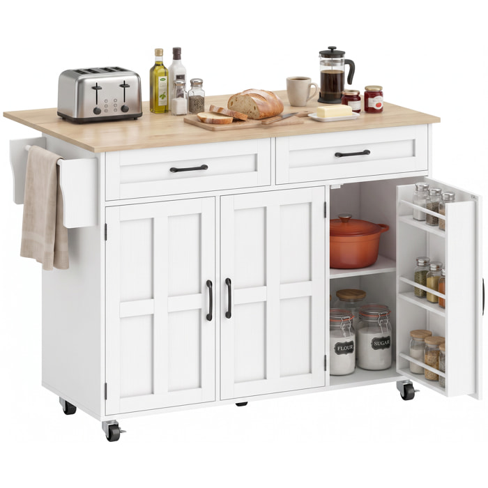 Isla de Cocina con Encimera Extensible, Carro de Cocina con Ruedas, 2 Cajones, 3 Armarios, Estantes en la Puerta, Toallero y Estantes Ajustables, para Comedor, Blanco