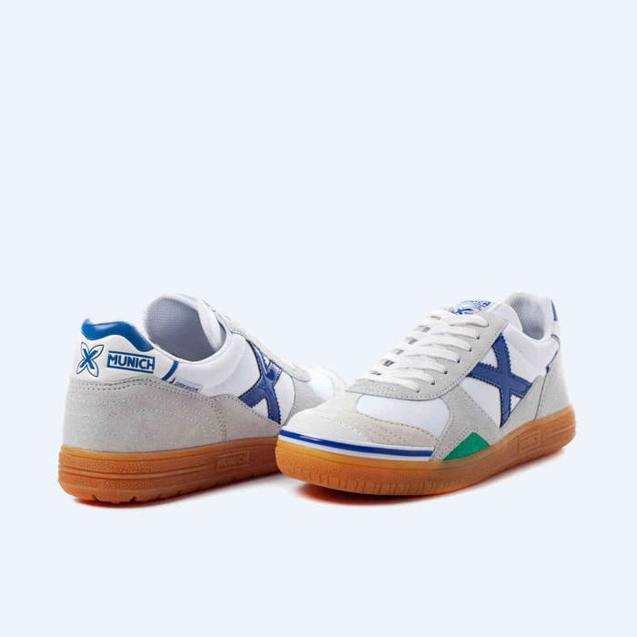 MUNICH GRESCA 04 Zapatillas fútbol sala de piel y serraje en blanco y gris con azul