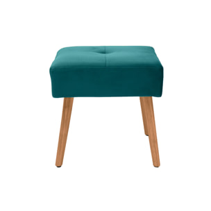 Tabouret bas en tissu velours bleu pétrole et bois clair massif H46 cm GUESTA