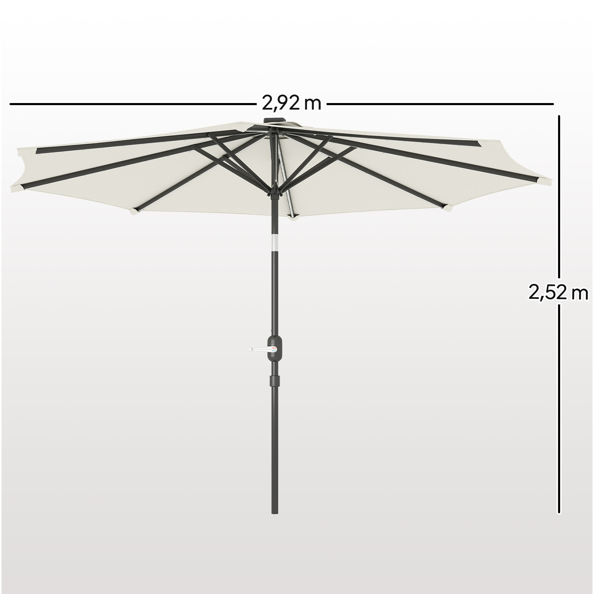 Sombrilla Terraza Exterior Ø292x252 cm Sombrilla de Jardín con Inclinación Ajustable hasta 45° Luces LED Solares Impermeable y Manivela Parasol para Patio Piscina sin Base Crema
