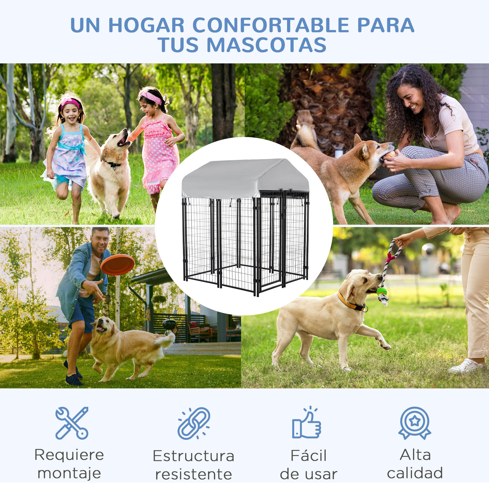 Perrera de Exterior con Techo 120x120x138 cm Jaula para Perros Parque para Mascotas con Malla de Metal y Puerta con Cerradura para Jardín Patio Plata