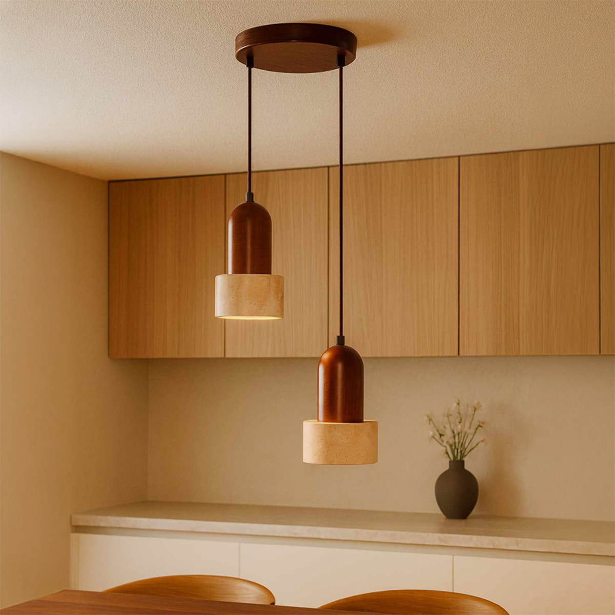 Suspension design 2 spots en travertin et effet bois noyer TIVOLI
