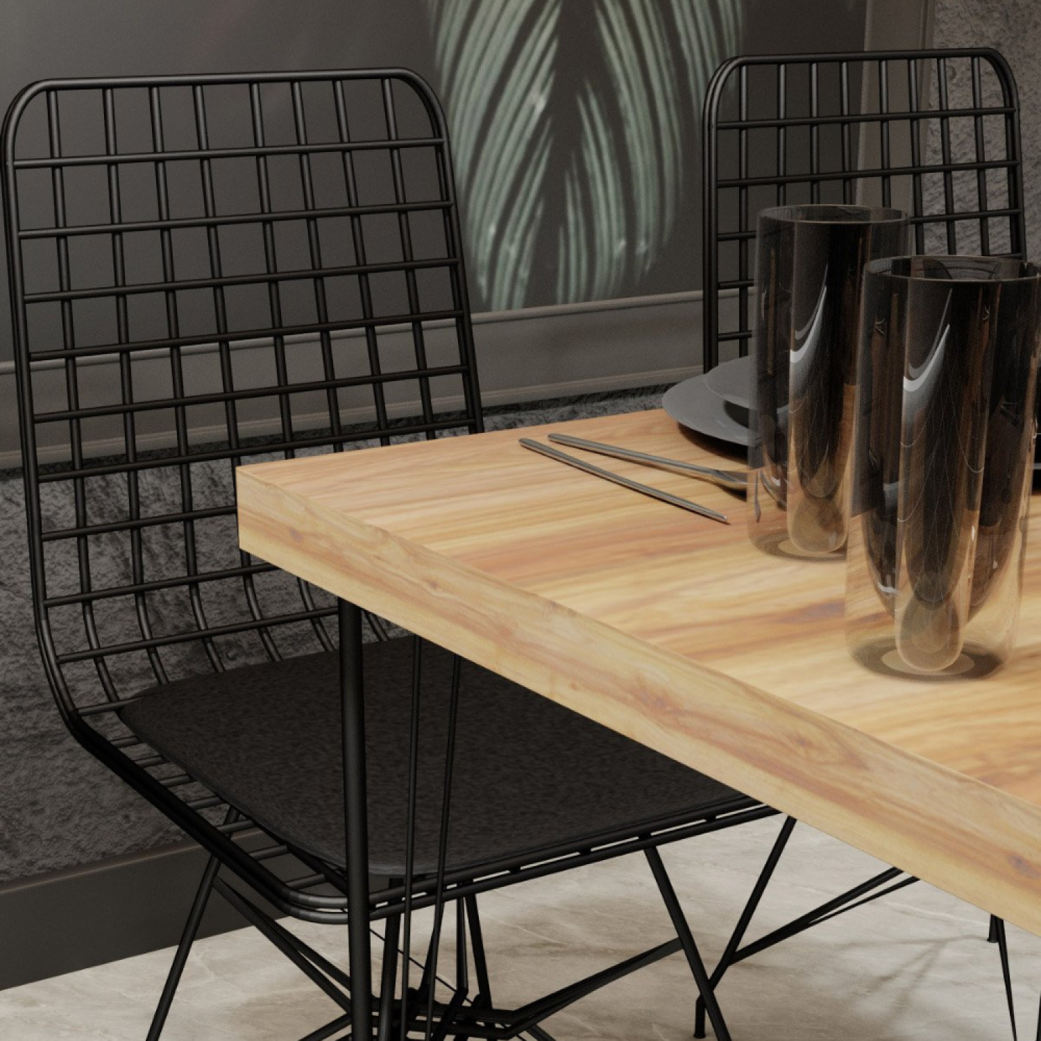 Ensemble repas table et chaises industriel bois et noir VERA