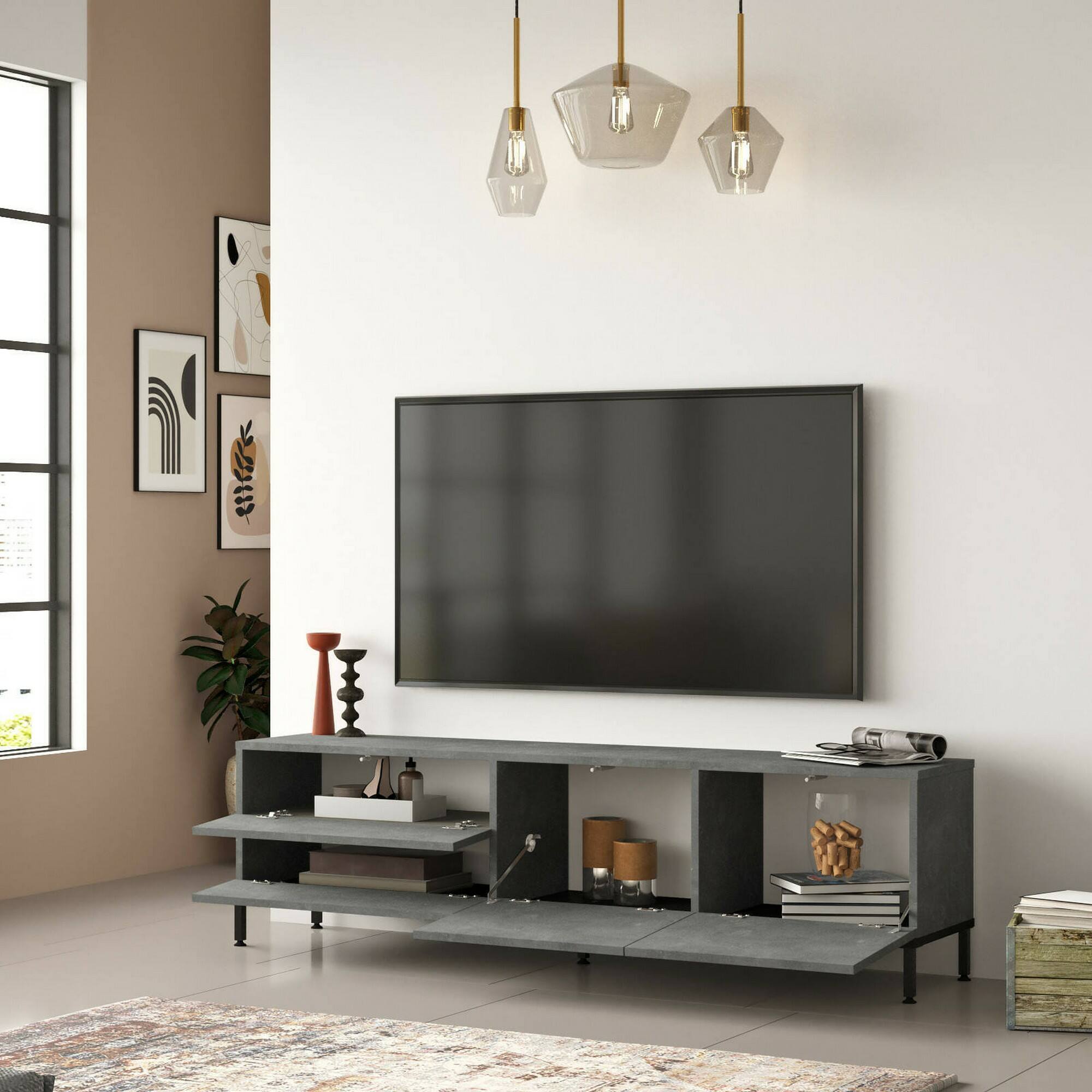 Mobile porta TV Basyang, Credenza da soggiorno, Armadio basso per TV, Base parete attrezzata, 170x36h46 cm, Argento e Nero