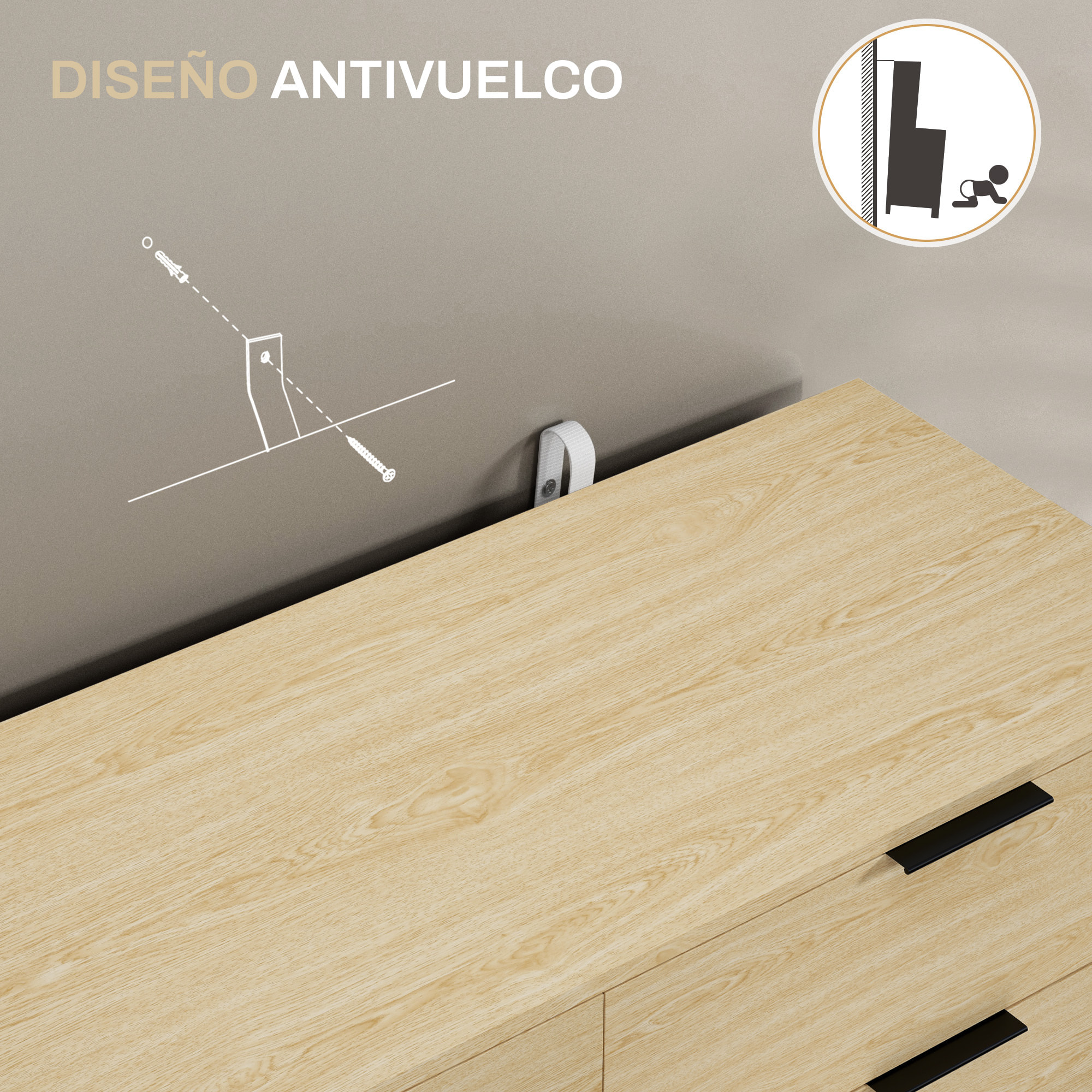 Cómoda con 6 Cajones Cómoda para Dormitorio Moderno con Diseño Anti-vuelco Cajonera para Salón Pasillo 110x40x75 cm Roble