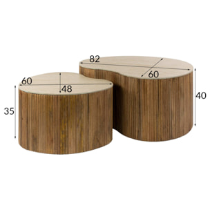 Jade - lot de 2 tables basses gigognes effet travertin - pieds en bois massif de manguier - 93 et 76 cm - Bois / Beige