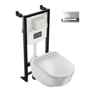 Pack WC suspendu sans bride Odéon Rive Gauche avec abattant extra plat + bâti support + plaque chromée