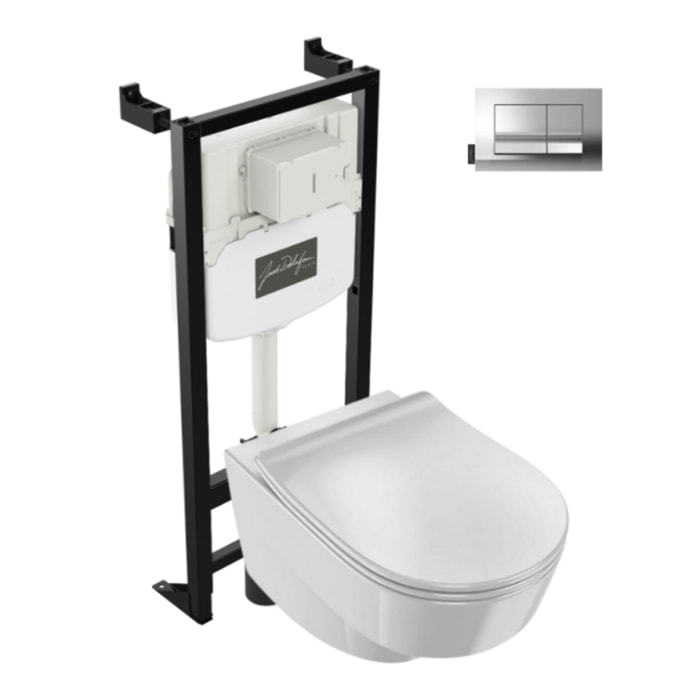 Pack WC suspendu sans bride Odéon Rive Gauche avec abattant extra plat + bâti support + plaque chromée