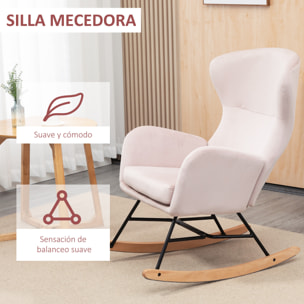 HOMCOM Silla Mecedora Tapizada en Terciopelo Sillón Balancín Relax con Asiento Acolchado Reposabrazos y Pies de Madera de Haya para Salón Dormitorio 65x87x102 cm Rosa