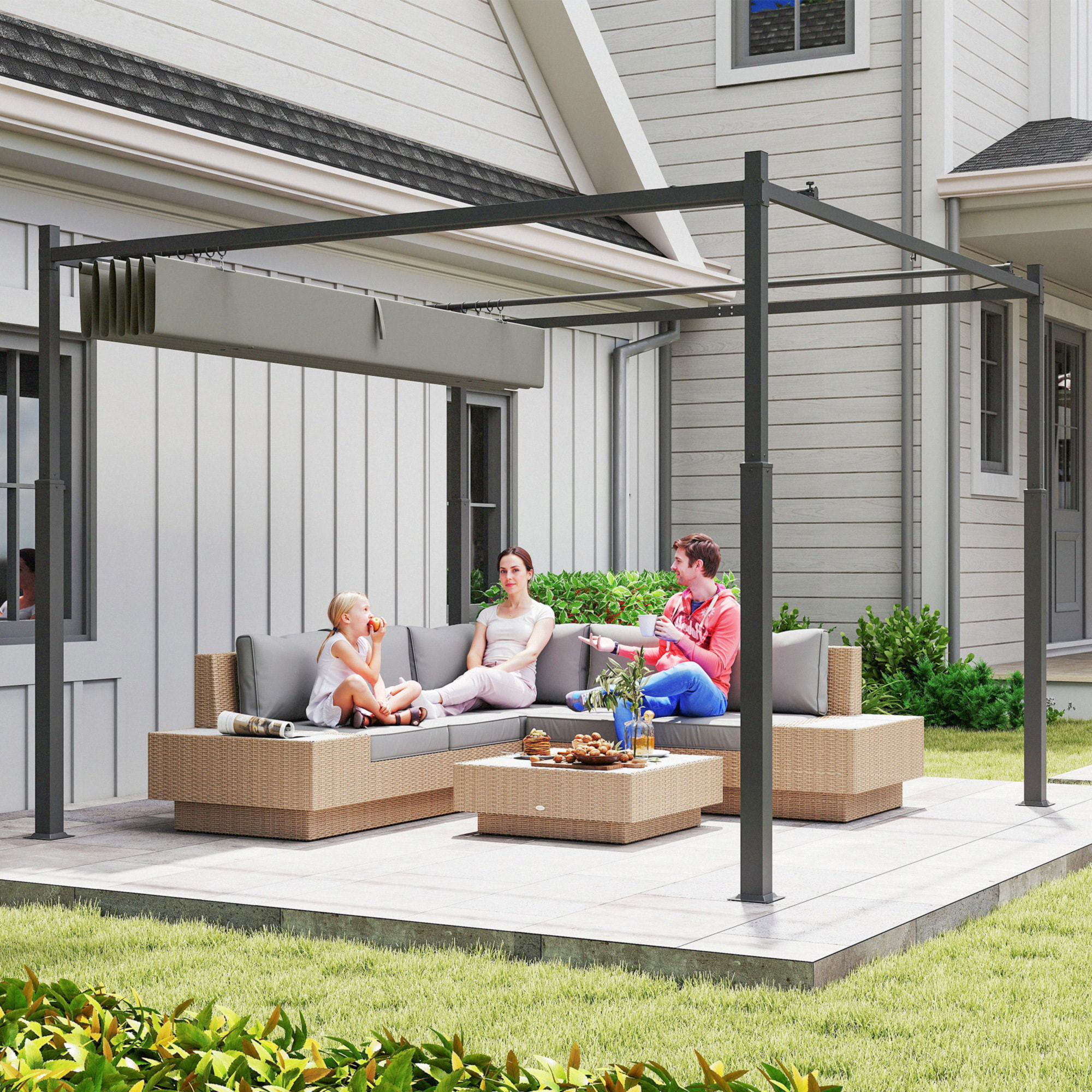 Pérgola de Jardín 3x3 m con Techo Retráctil y Accesorio Magnético, Cenador de Jardín con Protección UV30+, Columnas Metálicas y Ganchos, Pabellón para Patio, Terraza, Exterior, Gris