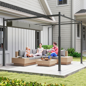 Pérgola de Jardín 3x3 m con Techo Retráctil y Accesorio Magnético, Cenador de Jardín con Protección UV30+, Columnas Metálicas y Ganchos, Pabellón para Patio, Terraza, Exterior, Gris