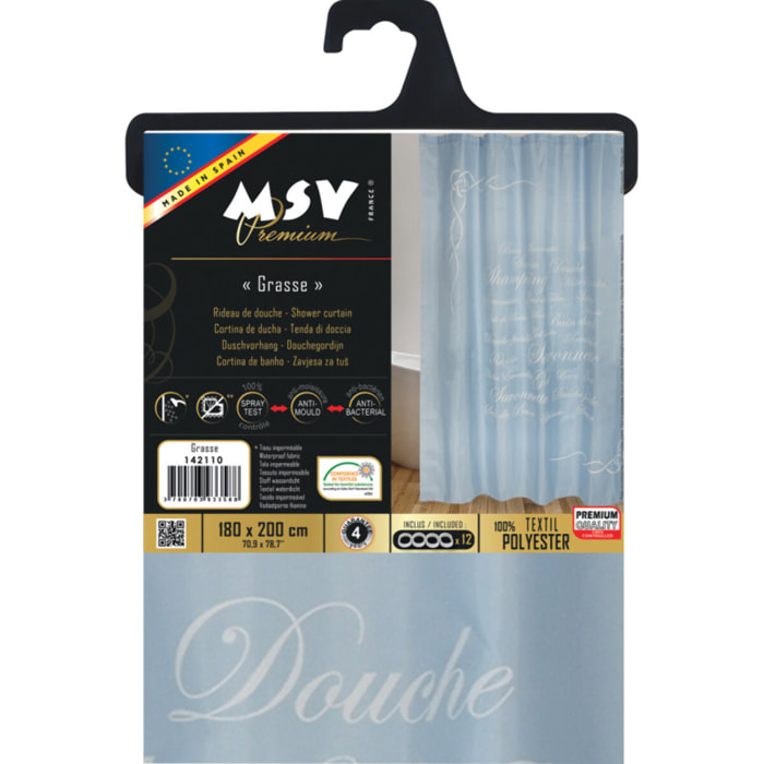 Rideau de douche Polyester GRASSE 180x200cm QUALITE PRMIUM Bleu - Anneaux inclus MSV