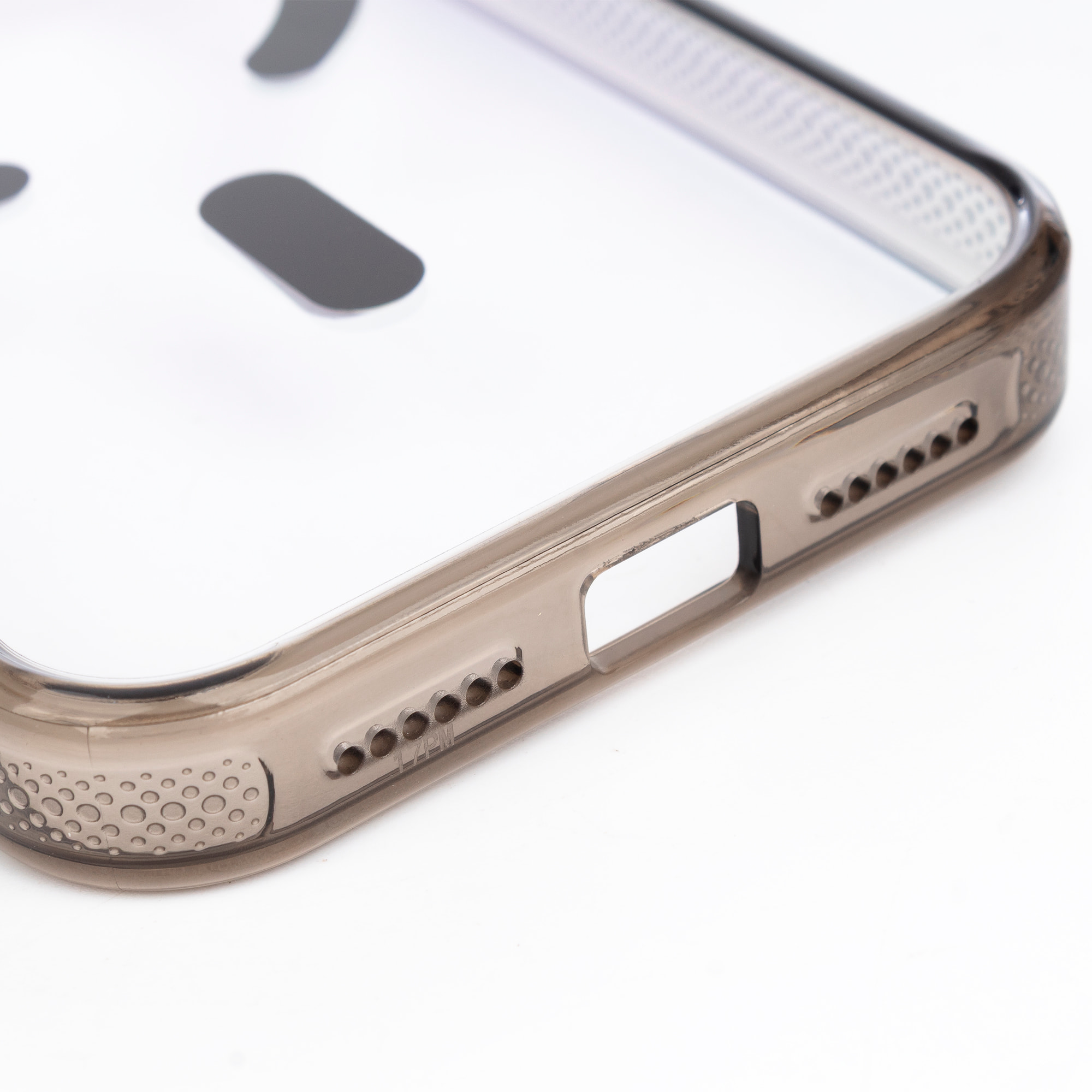 Custodia trasparente con fotocamera coperta e bordi neri. Magsafe per iPhone 17 Pro Max.