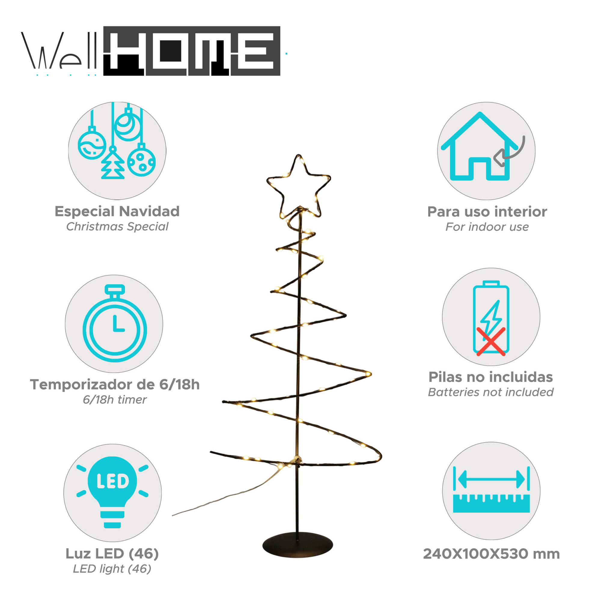 árbol navideño decorativo de metal negro con estrella con 46 luces led y temporizador 24x10x53cm