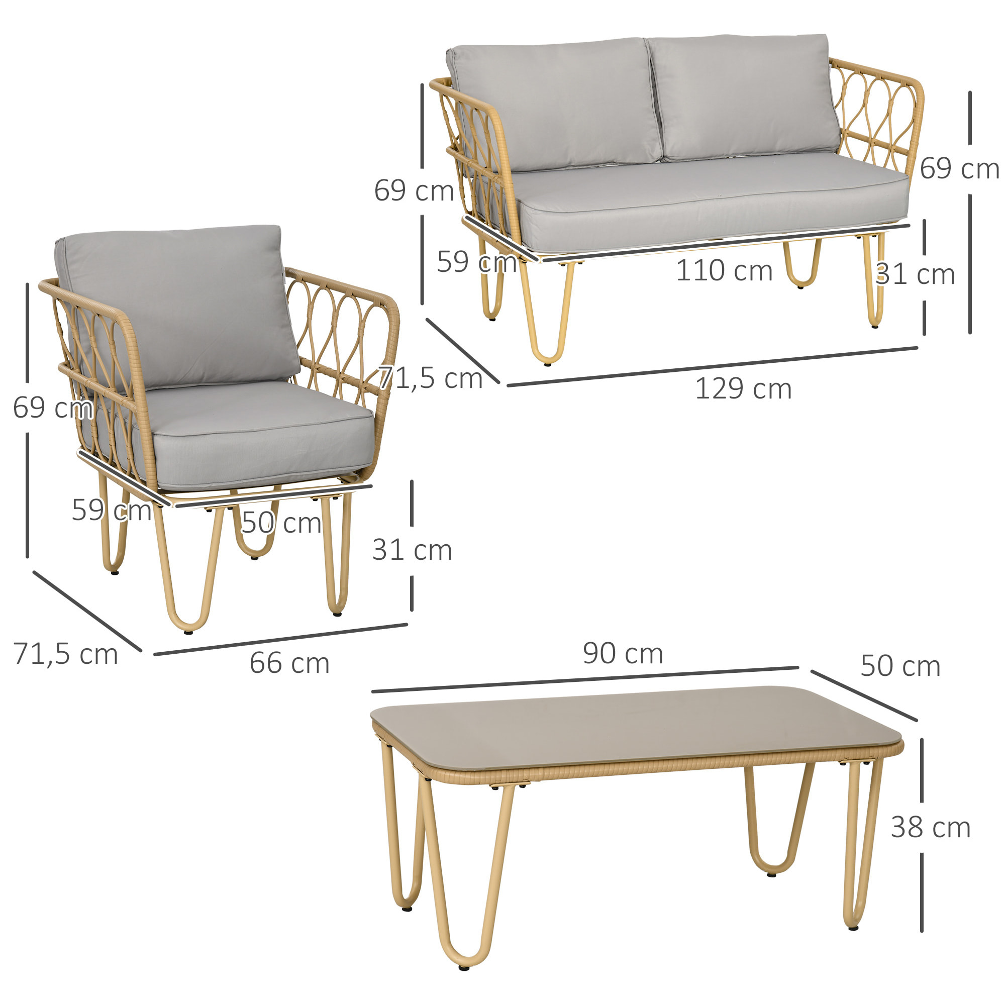 Conjunto de Jardín de Ratán Sintético Juego de 4 Piezas Muebles de Jardín con Sofá de 2 Plazas 2 Sillones y Mesa de Centro con Encimera de Cristal y Cojines Extraíbles Natural y Gris
