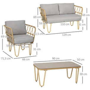 Conjunto de Jardín de Ratán Sintético Juego de 4 Piezas Muebles de Jardín con Sofá de 2 Plazas 2 Sillones y Mesa de Centro con Encimera de Cristal y Cojines Extraíbles Natural y Gris