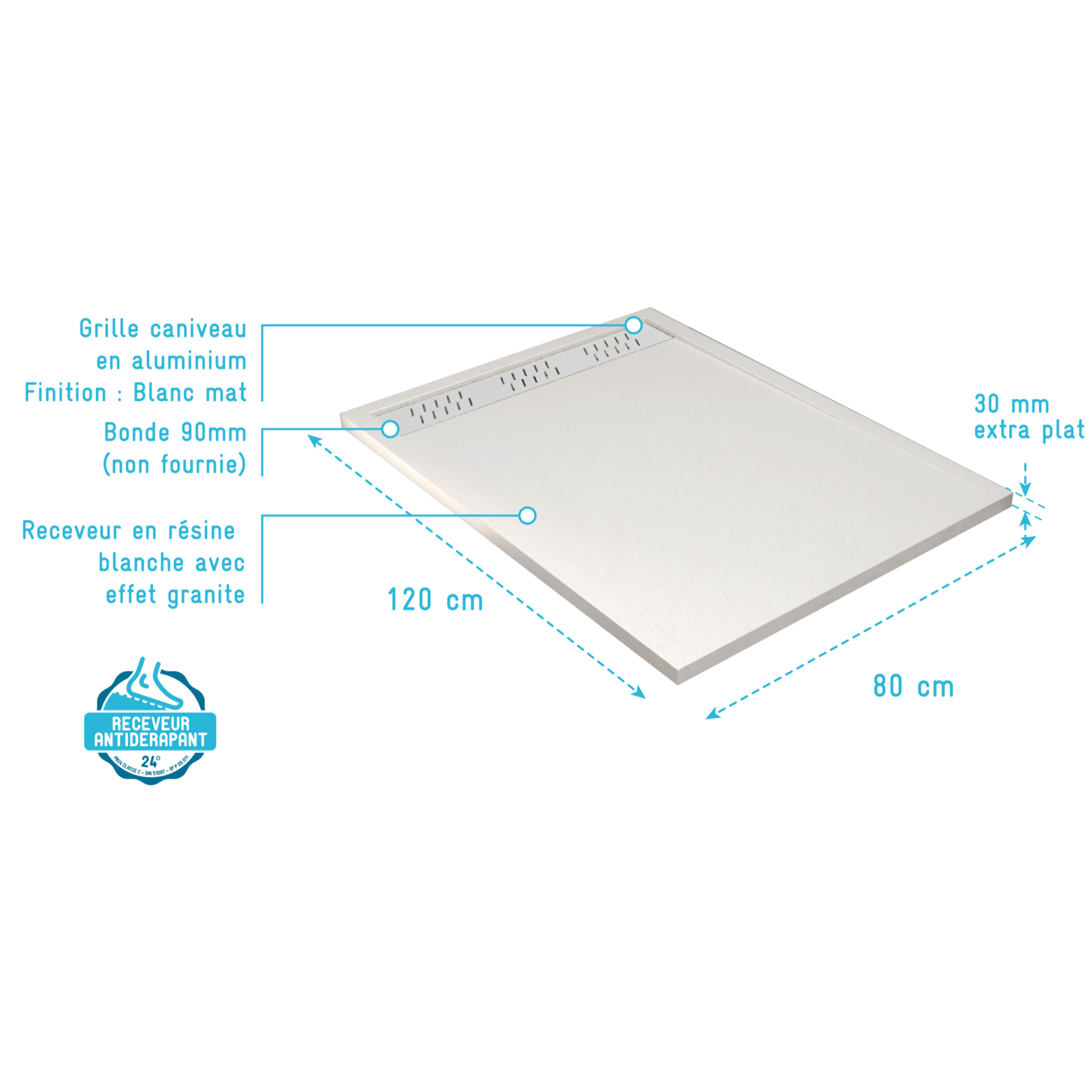 Receveur de douche en résine blanc 80x120x3 cm effet pierre granit + grille linéaire blanche mate
