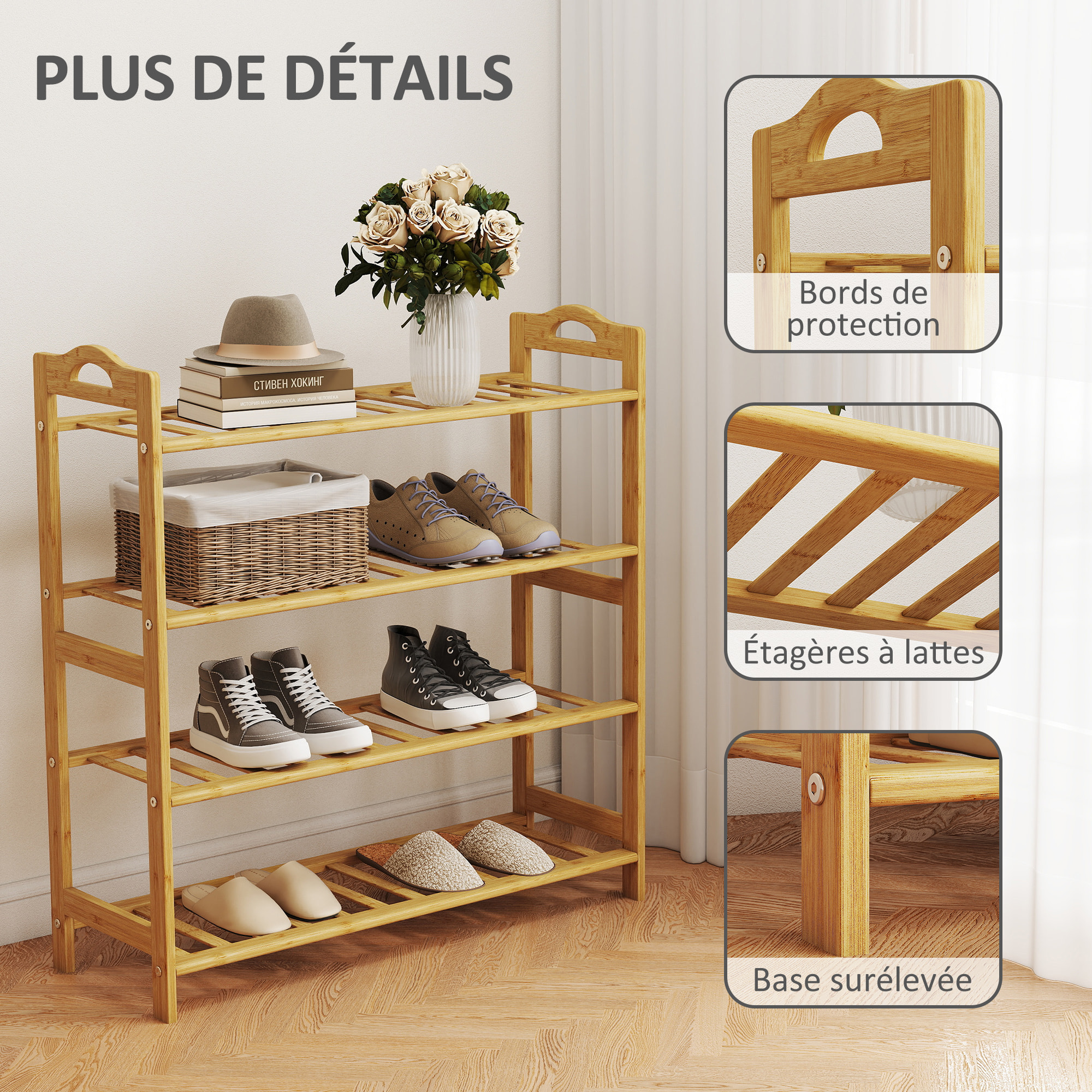 Étagère bambou style naturel - étagère à chaussures 4 niveaux - dim. 67,5 x 24,7 x 72 cm