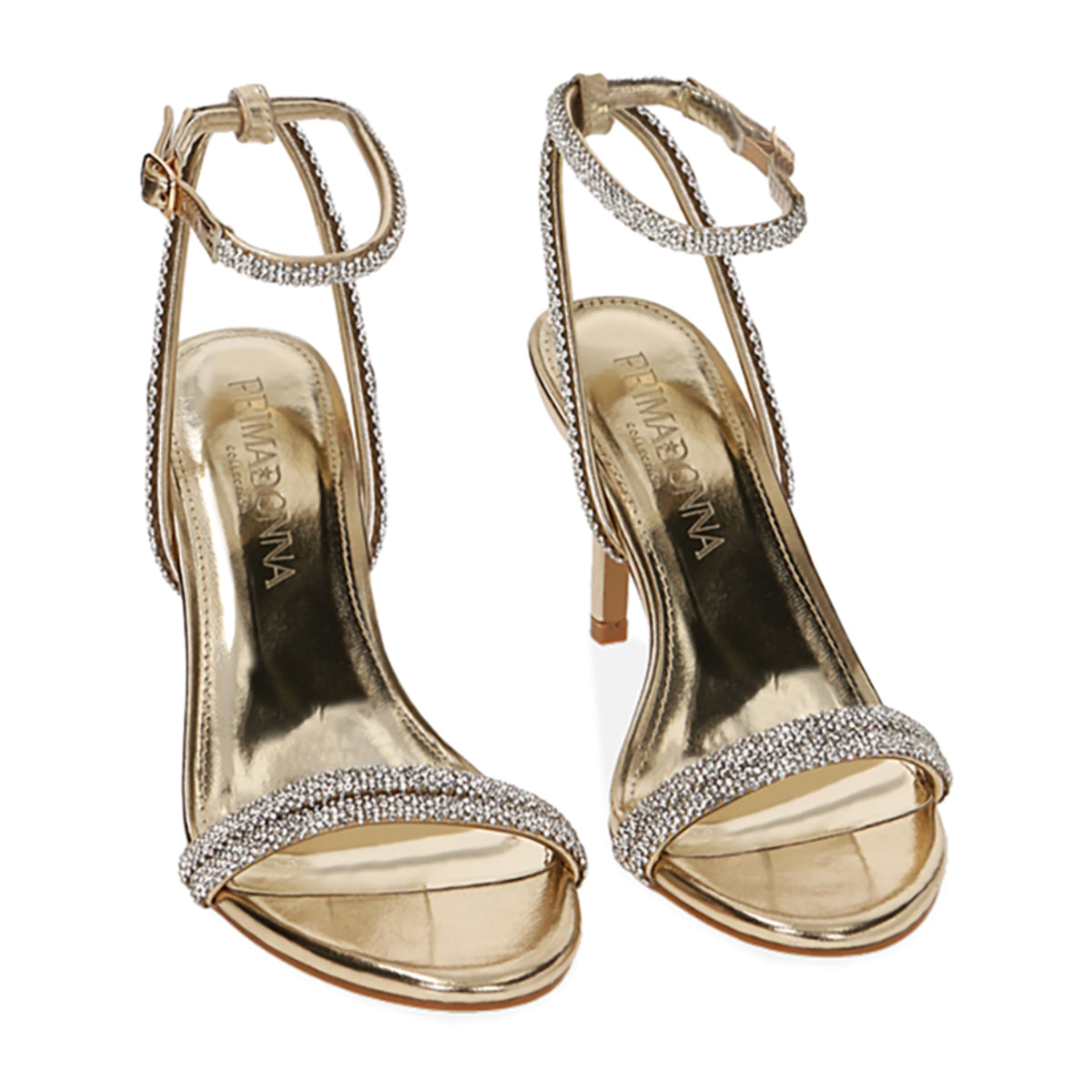 Sandalias laminadas doradas con brillos, tacón de 8,5 cm